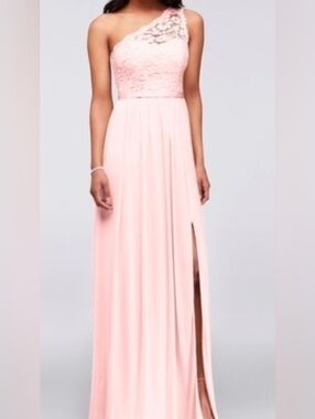 David's Bridal Light Blush One-Shoulder Lace & Chiffon Maxi Dress